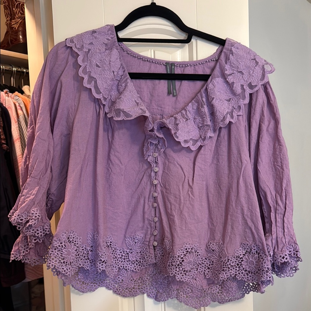 Anthropologie Purple Puff Sleeve Blouse with Ruffled Bib Collar